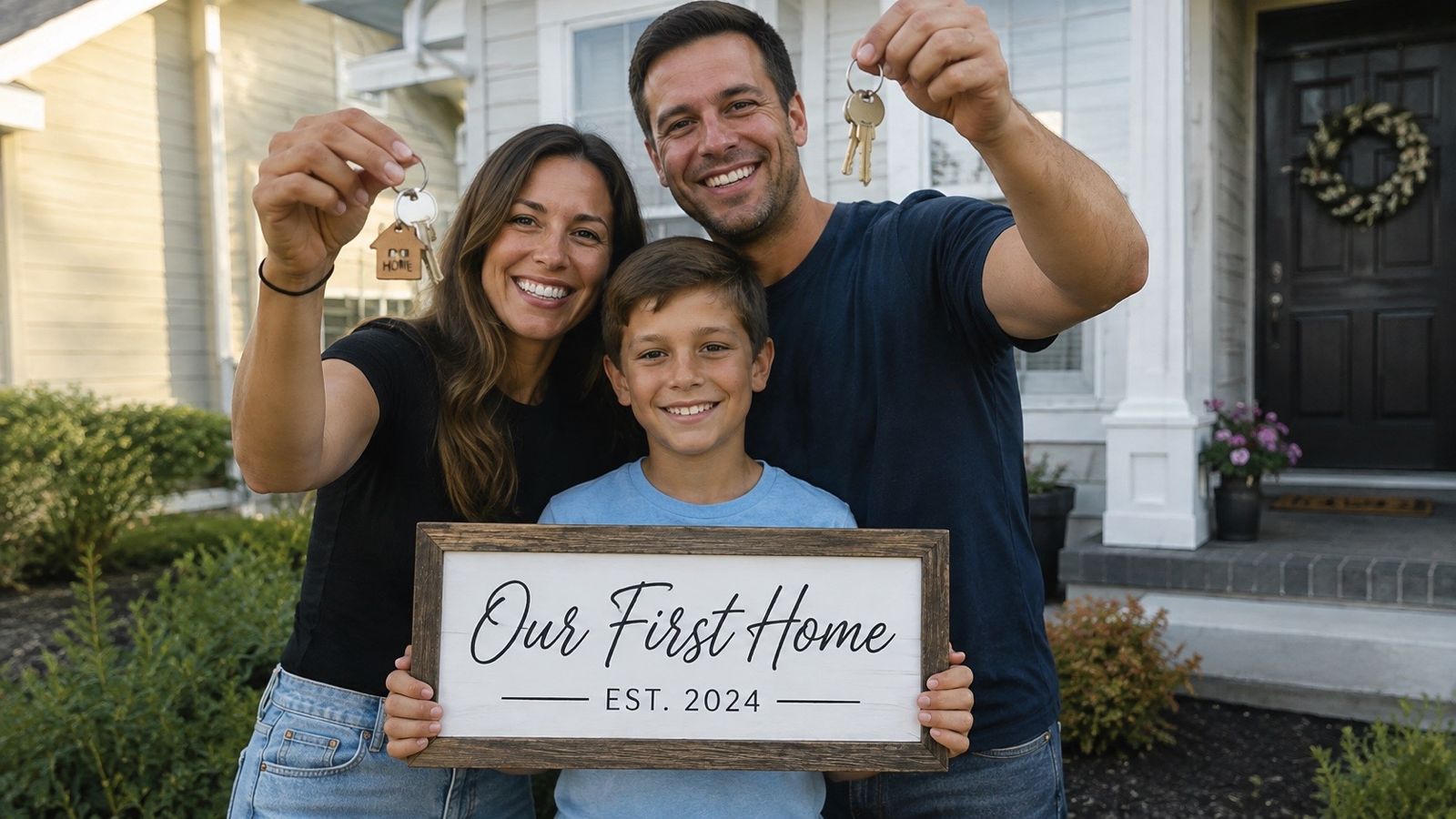 Happy family holding house keys and an Our First Home sign in front of their new home